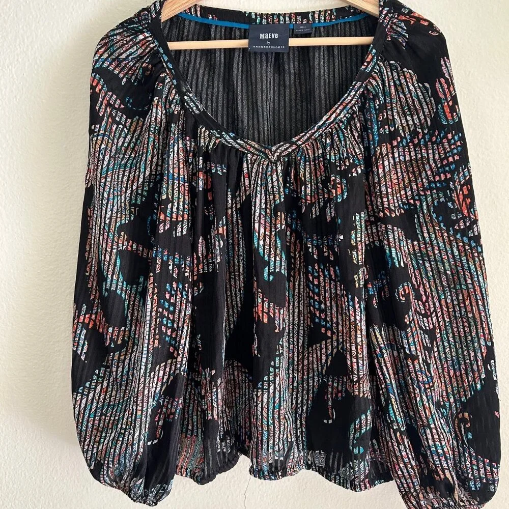 Maeve Anthropologie Top Boho Peasant Blouse Black Abstract SZXS Casual Relaxed